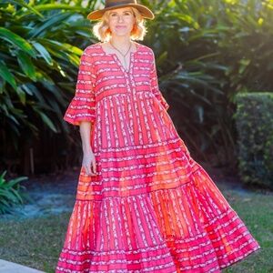 WKND WYFR Elizabeth Dress tiered maxi dress Handpainted flowers Size S